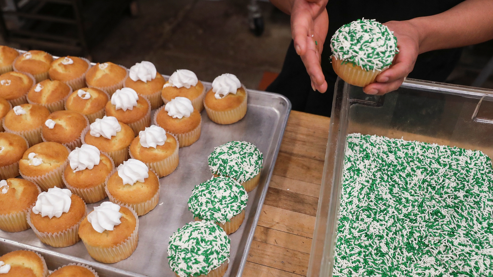 Watch how Termini Bros. Bakery makes their famous green and white Eagles  cupcakes