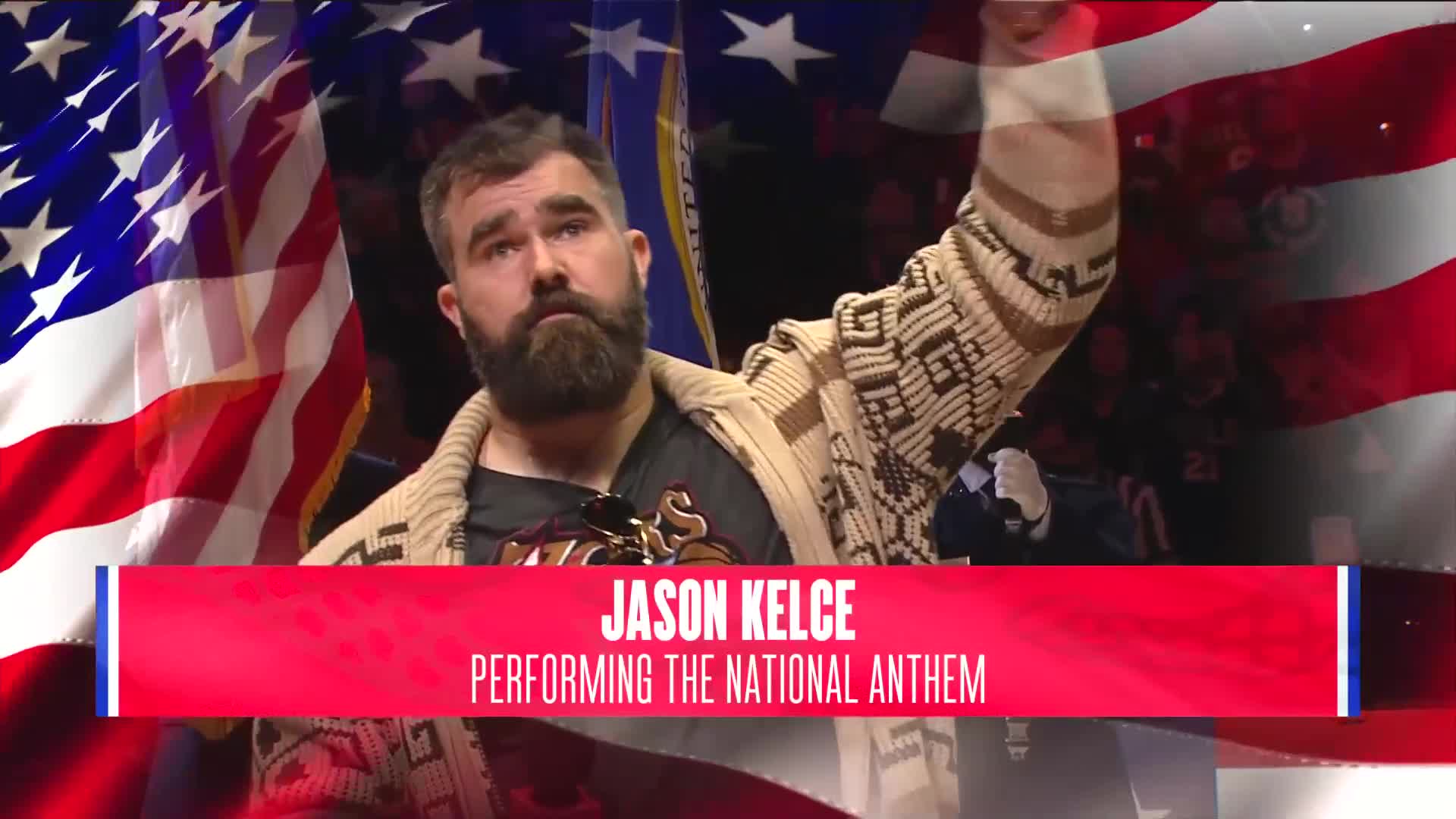 Eagles' Jason Kelce sings national anthem at Sixers game